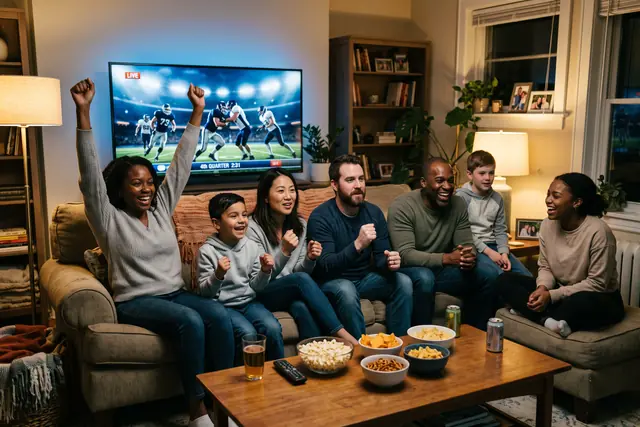 Family settled in front of the living-room TV watching a MIPTV4K IPTV subscription