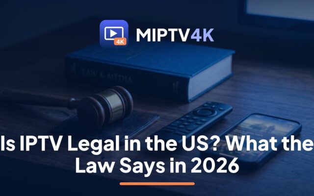 MIPTV4K guide asking is IPTV legal in the US: law book, gavel and a laptop streaming a live stadium match