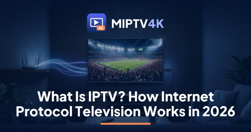 MIPTV4K guide to what is IPTV: a 4K TV streaming a live football match over home broadband in a living room