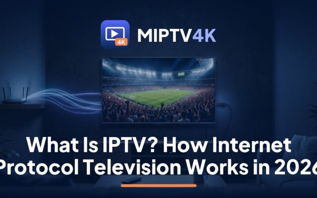 MIPTV4K guide to what is IPTV: a 4K TV streaming a live football match over home broadband in a living room