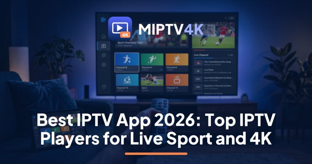 Best IPTV app on a living-room TV: a player guide beside a live match, set up for MIPTV4K
