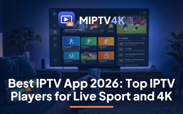 Best IPTV app on a living-room TV: a player guide beside a live match, set up for MIPTV4K